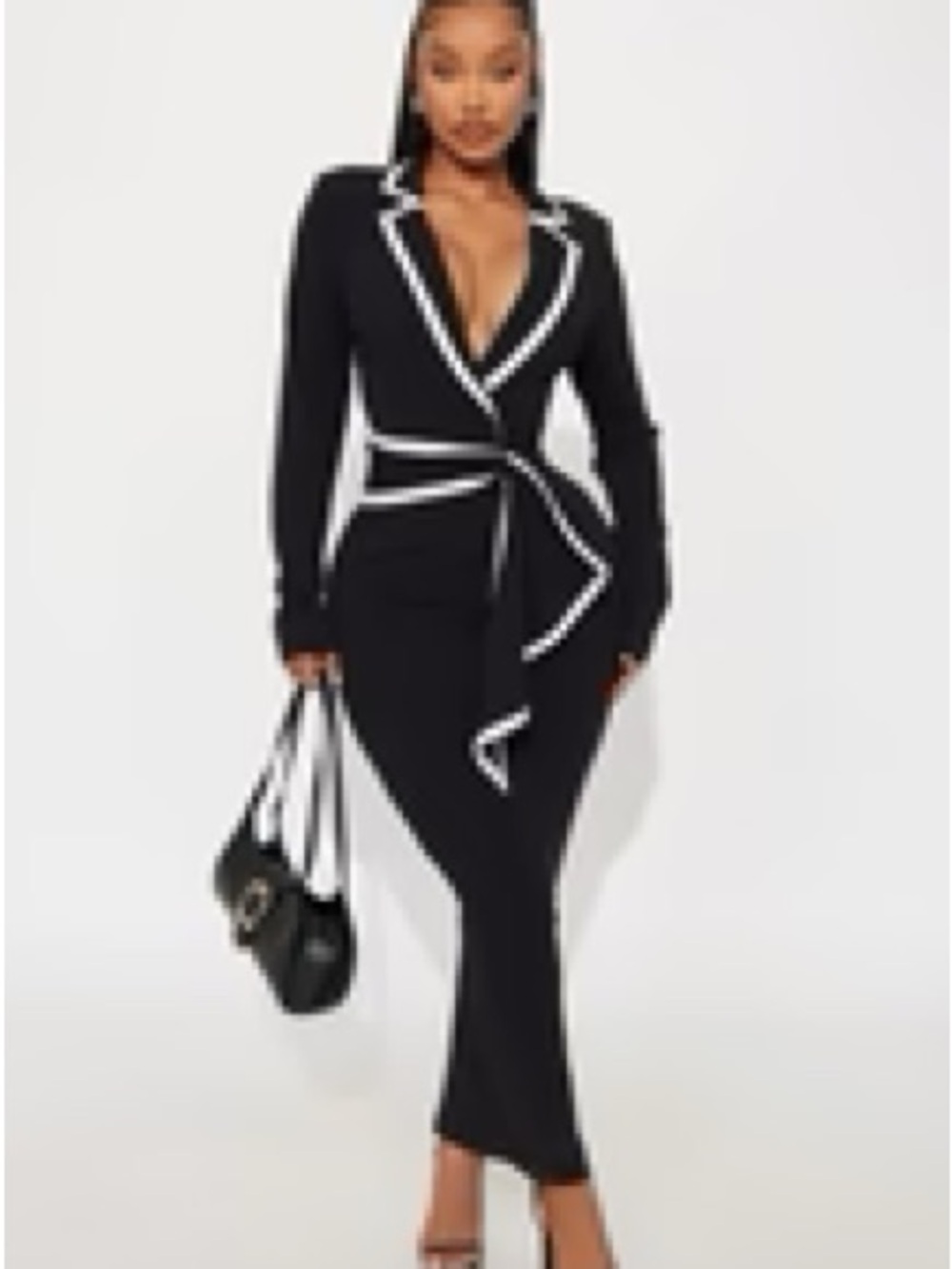 Black Wrap Blazer Dress with White Piping